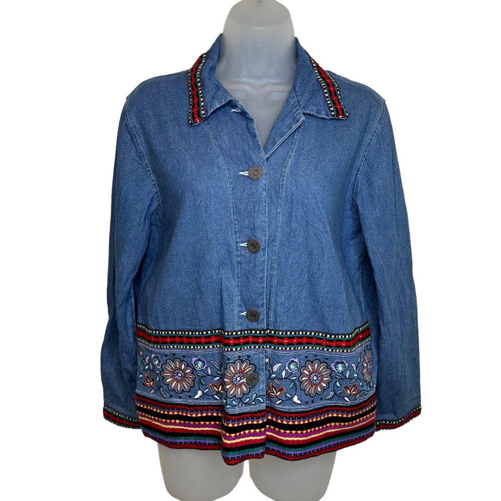 VTG Teddi Top Womens Denim Button Up Embroidered Aztec Long Sleeve Small